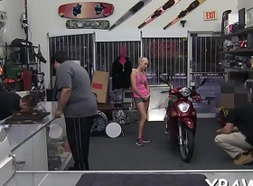 Young woman shows us how that babe has some sex in shop room