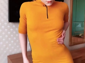 Babe deepthroat and cowgirl on dick in yellow dress and torn tights