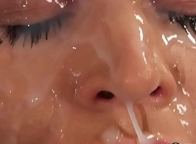 Sexy babe gets cumshot on her face sucking all the love juice