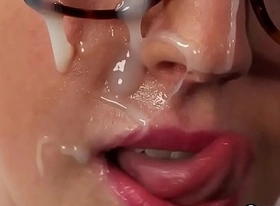 Foxy babe gets cumshot on her face swallowing all the spunk